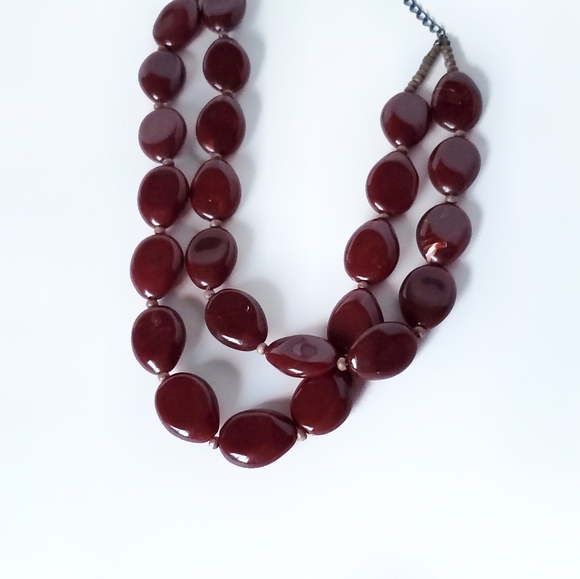 Red Bib Necklace, Vintage Chunky Double Strand Statement Jewelry, - Picture 6 of 8